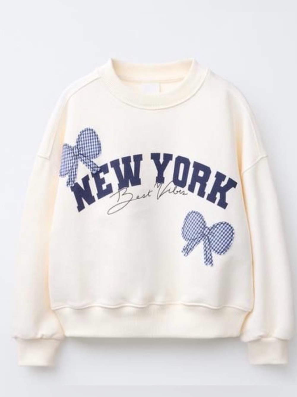 Zara Girl’s Ivory "New York" Graphic Sweatshirt with Navy Appliqué Bows